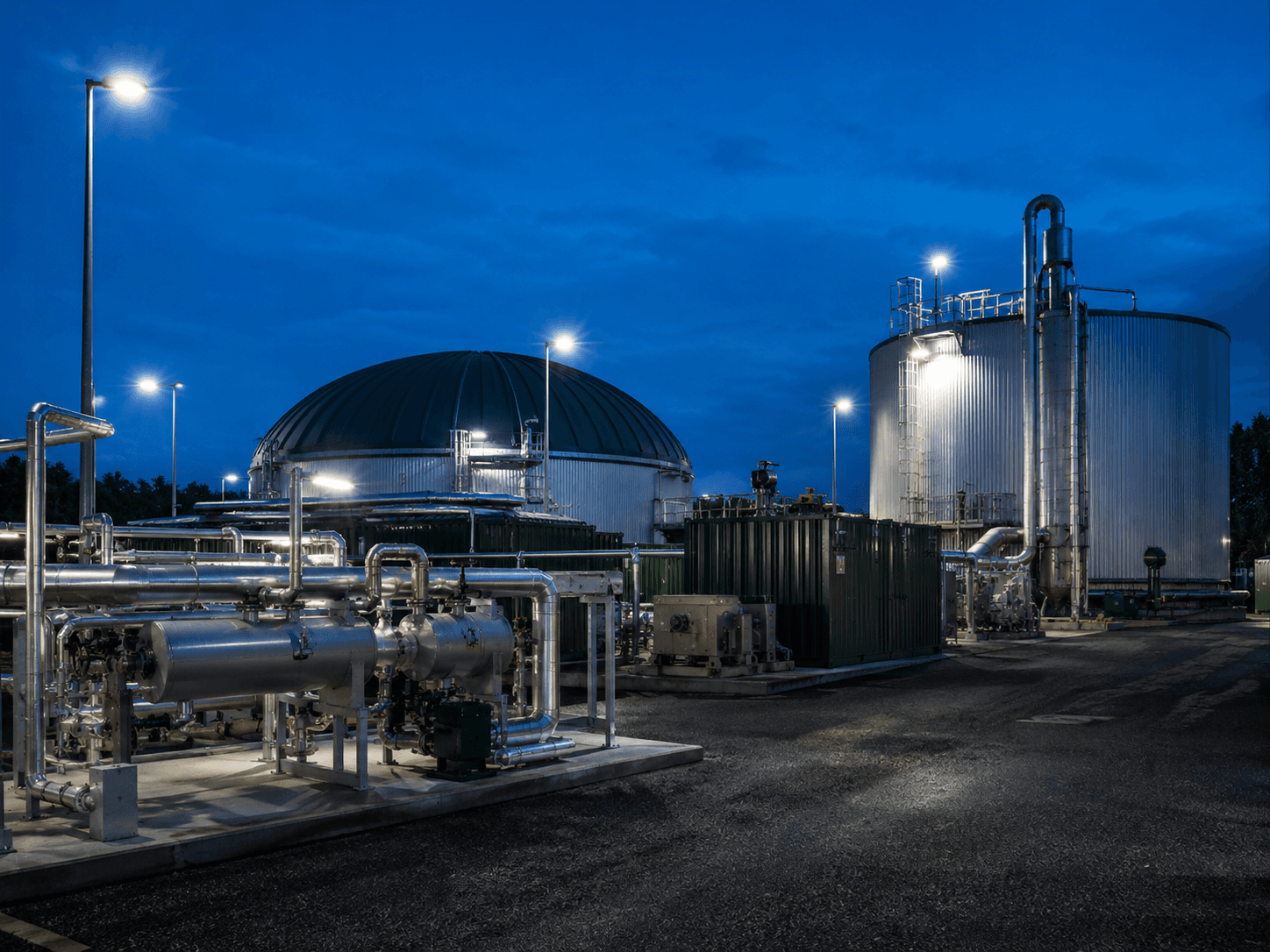 Біогазовий об'єкт, освітлений довговічними LED-світильниками для зовнішніх умов