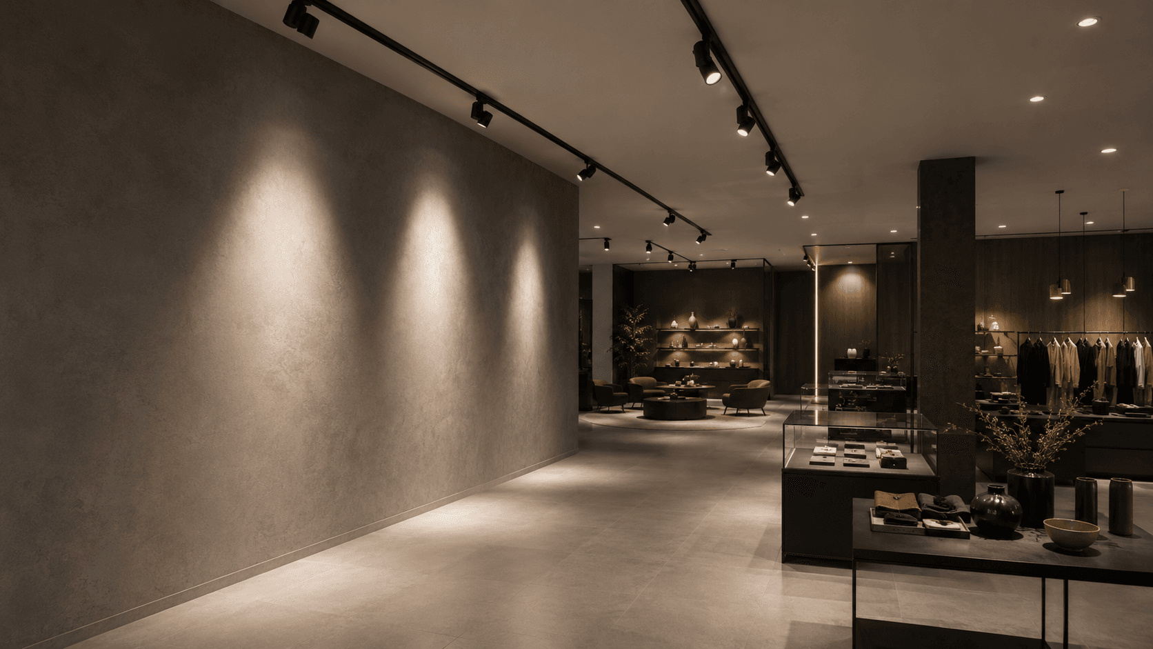 Premium retail interior illuminated by track spotlights and recessed downlights