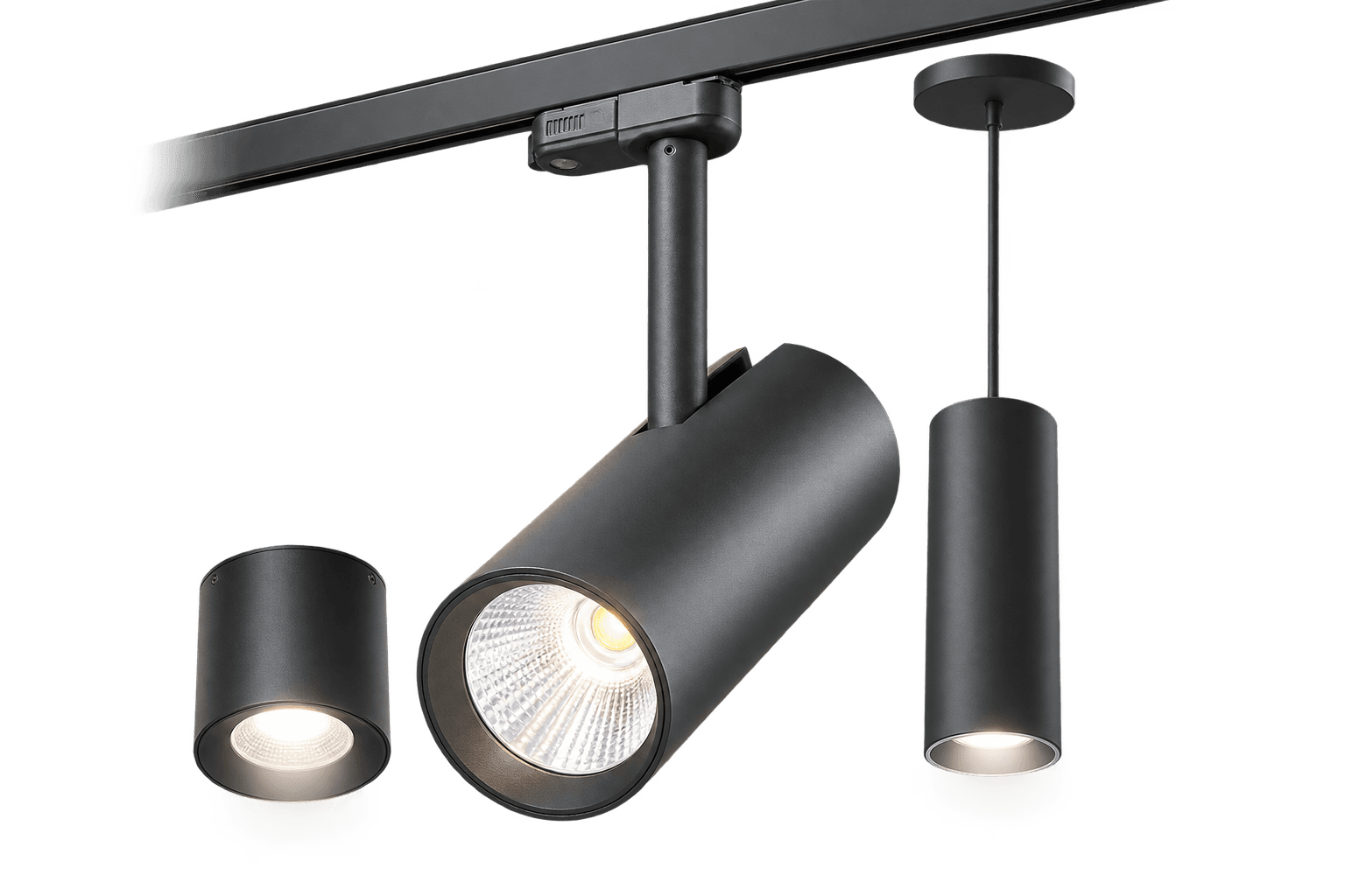 CYL85 track spotlight, CYPTM60 magnetic track pendant and BOOM adjustable downlight