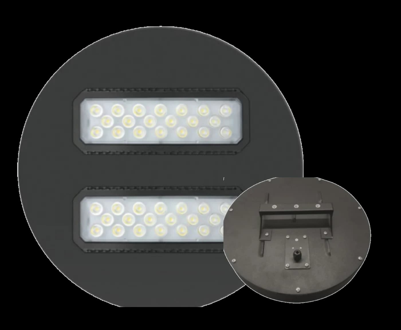 Світильник GER-LED High Ceiling Ø434 мм — врізна (стельова) конфігурація (основне зображення) та монтажний кронштейн накладної конфігурації (додаткове зображення)